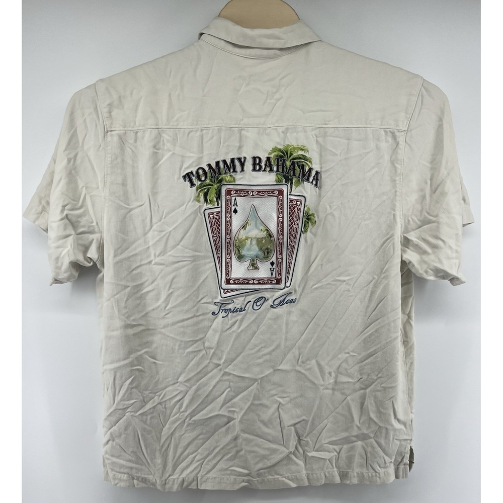 Tommy Bahama XL Silk Embroidered Camp Button Up Shirt Tropical O' Aces Ivory